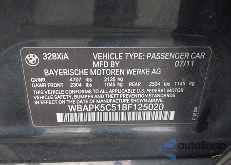 2011 BMW 328 Xi Sulev из США, поврежденный, VIN WBAPK5C51BF125020